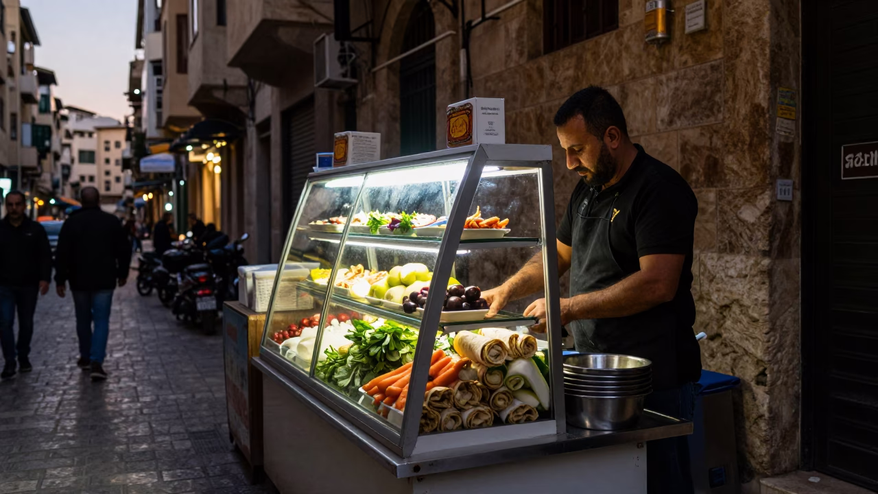 Early Evening Street Life in Beirut Lebanon with Shawarma Plate in in Beirut, Lebanon