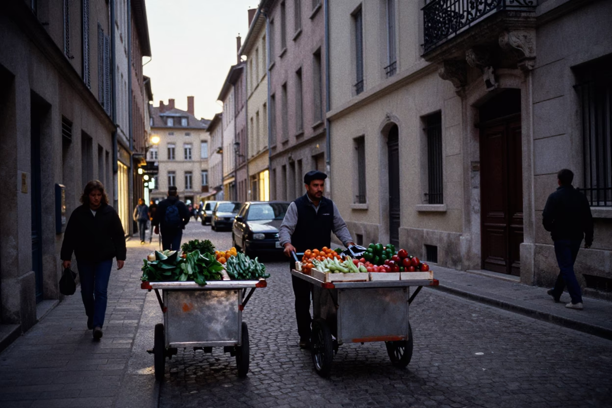 Early Evening Street Life in Lyon France with Rolling Carts and Urban Details in in Lyon, France