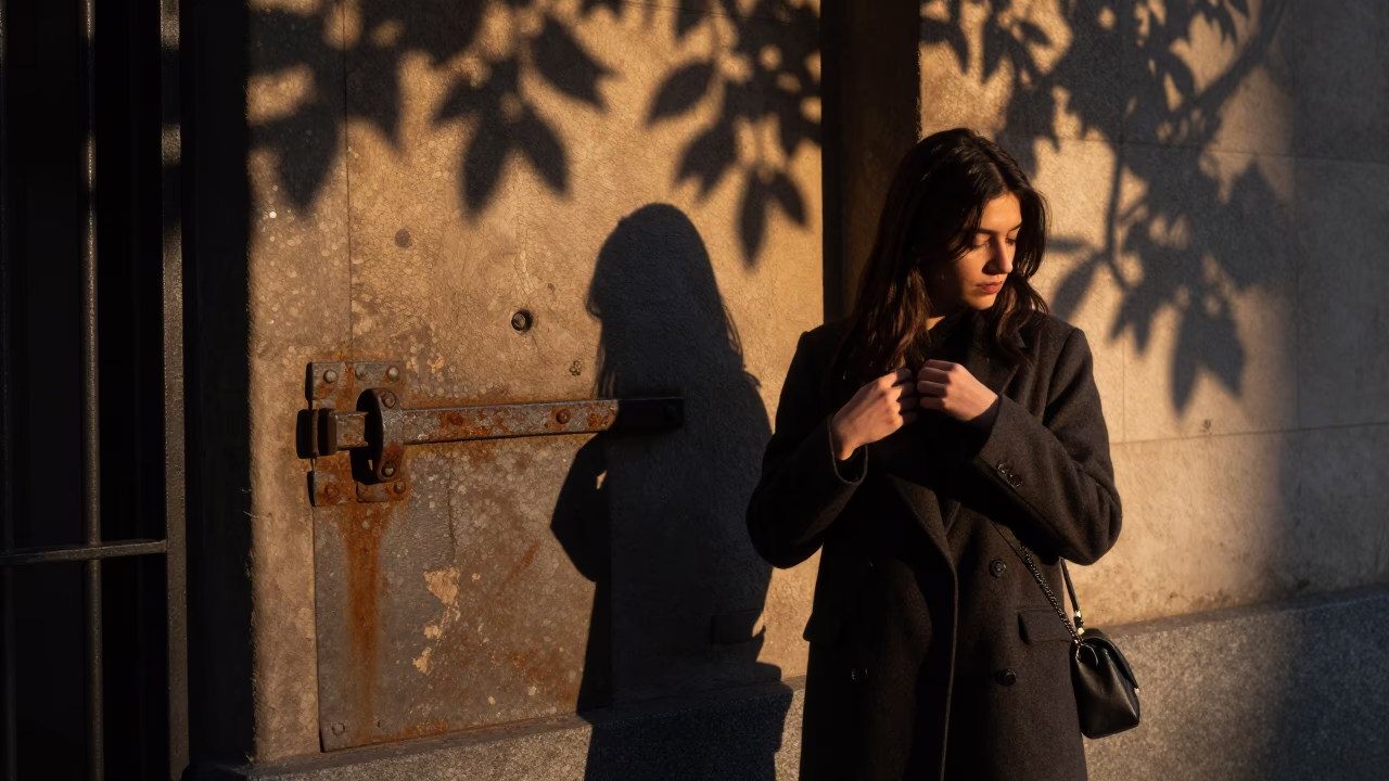 Early Evening Street Photography in Bilbao Spain with Leaf Shadows and Latch Detail in in Bilbao, Spain