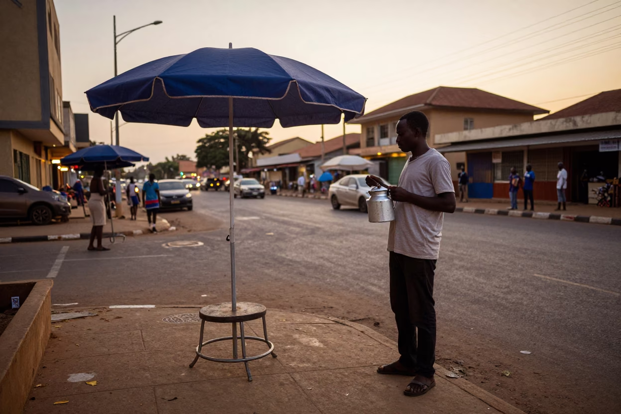 Early Evening Street Scene in Accra Ghana with Umbrella Stand and Enamel Pitcher in in Accra, Ghana