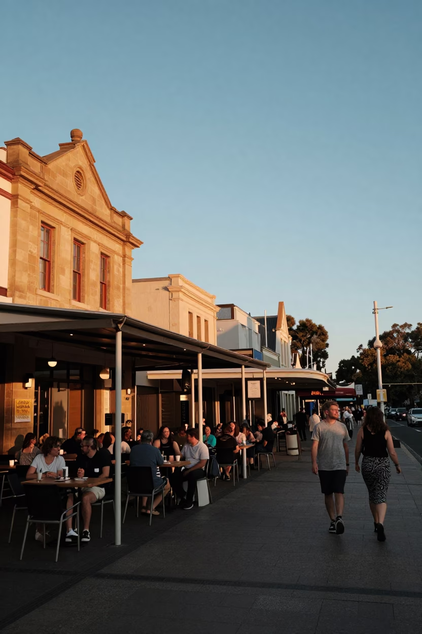 Early Evening Street Scene in Adelaide South Australia with Local Cafe Culture in in Adelaide, South Australia, Australia
