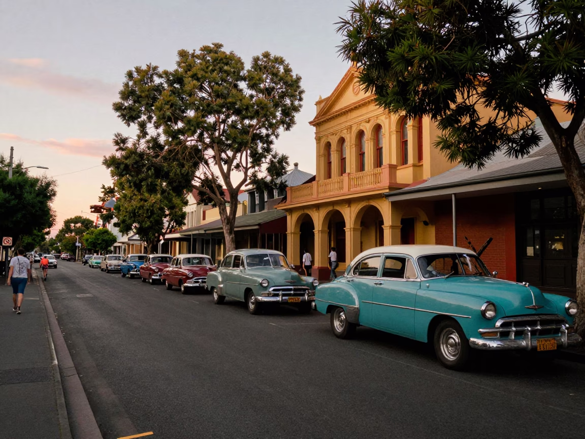 Early Evening Street Scene in Adelaide South Australia with Vintage 1950s Cars and Pedestrians in in Adelaide, South Australia, Australia