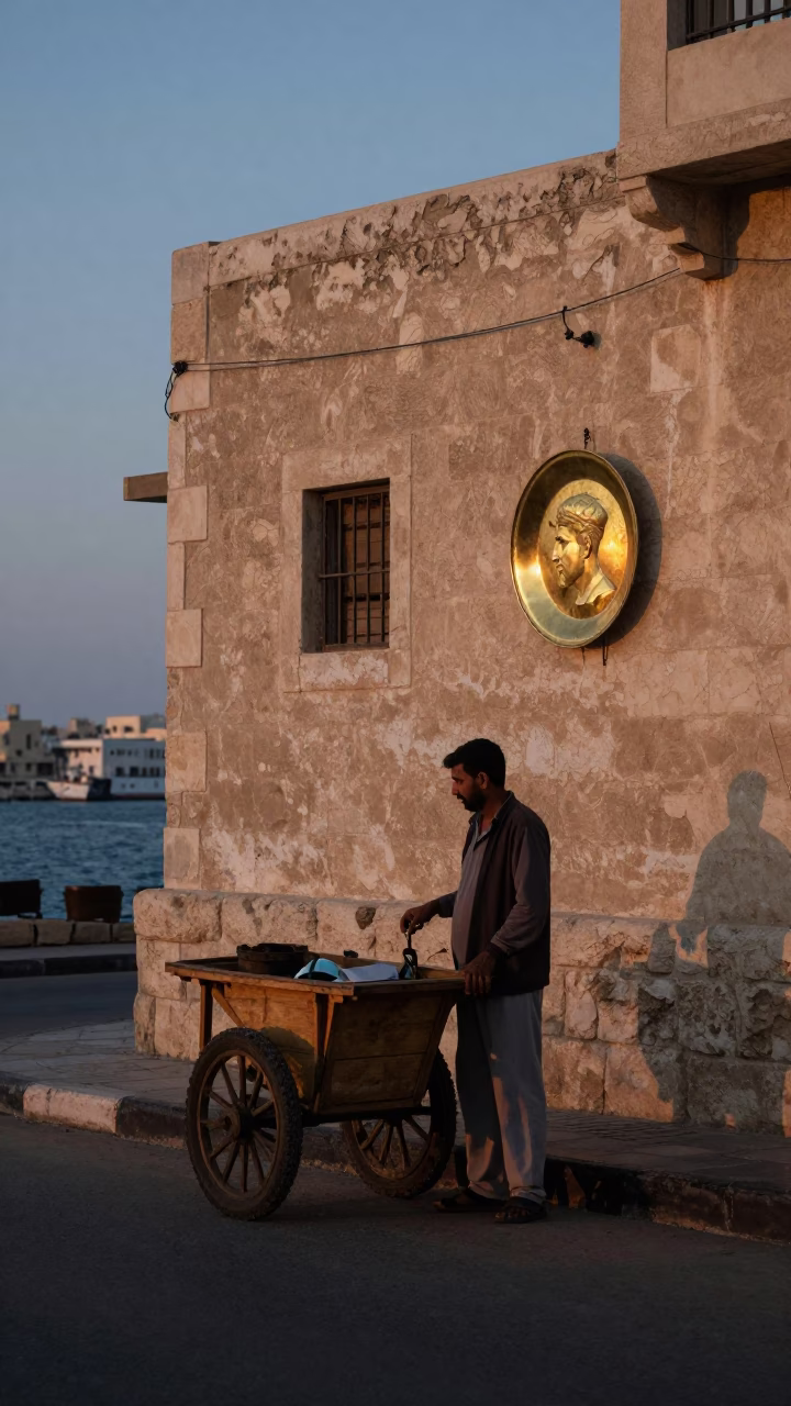 Early Evening Street Scene in Alexandria Egypt with Brass Plate of Samosas in in Alexandria, Egypt