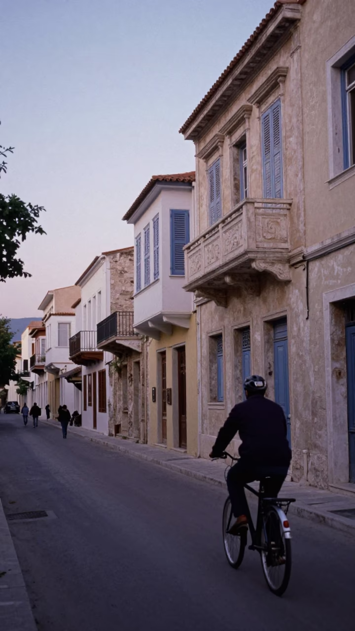 Early Evening Street Scene in Athens Greece with Cyclist and Urban Architecture in in Athens, Greece