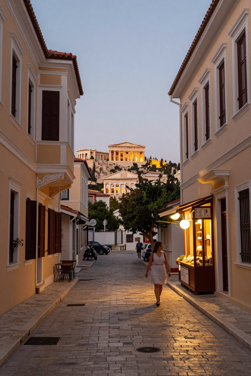 Early evening street scene in Athens Greece with historic architecture and local life in in Athens, Greece