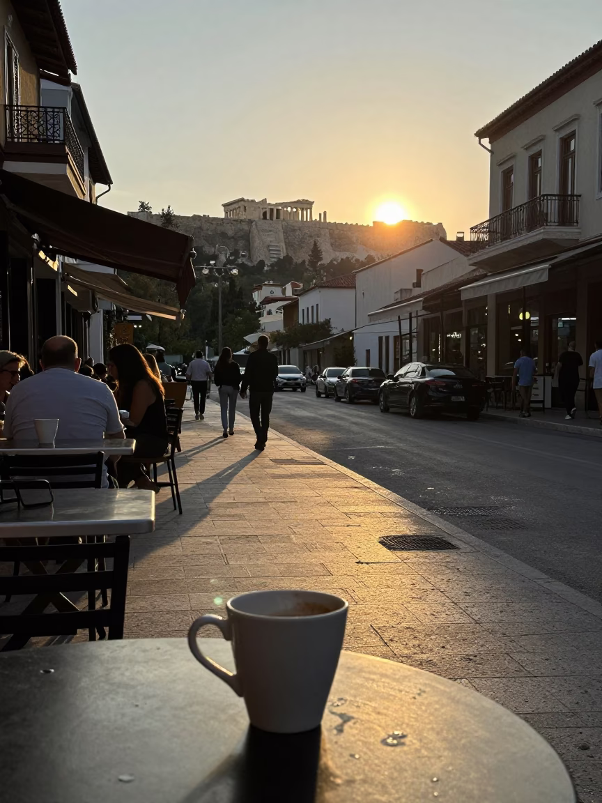 Early Evening Street Scene in Athens Greece with Outdoor Cafe Cup and Urban Details in in Athens, Greece