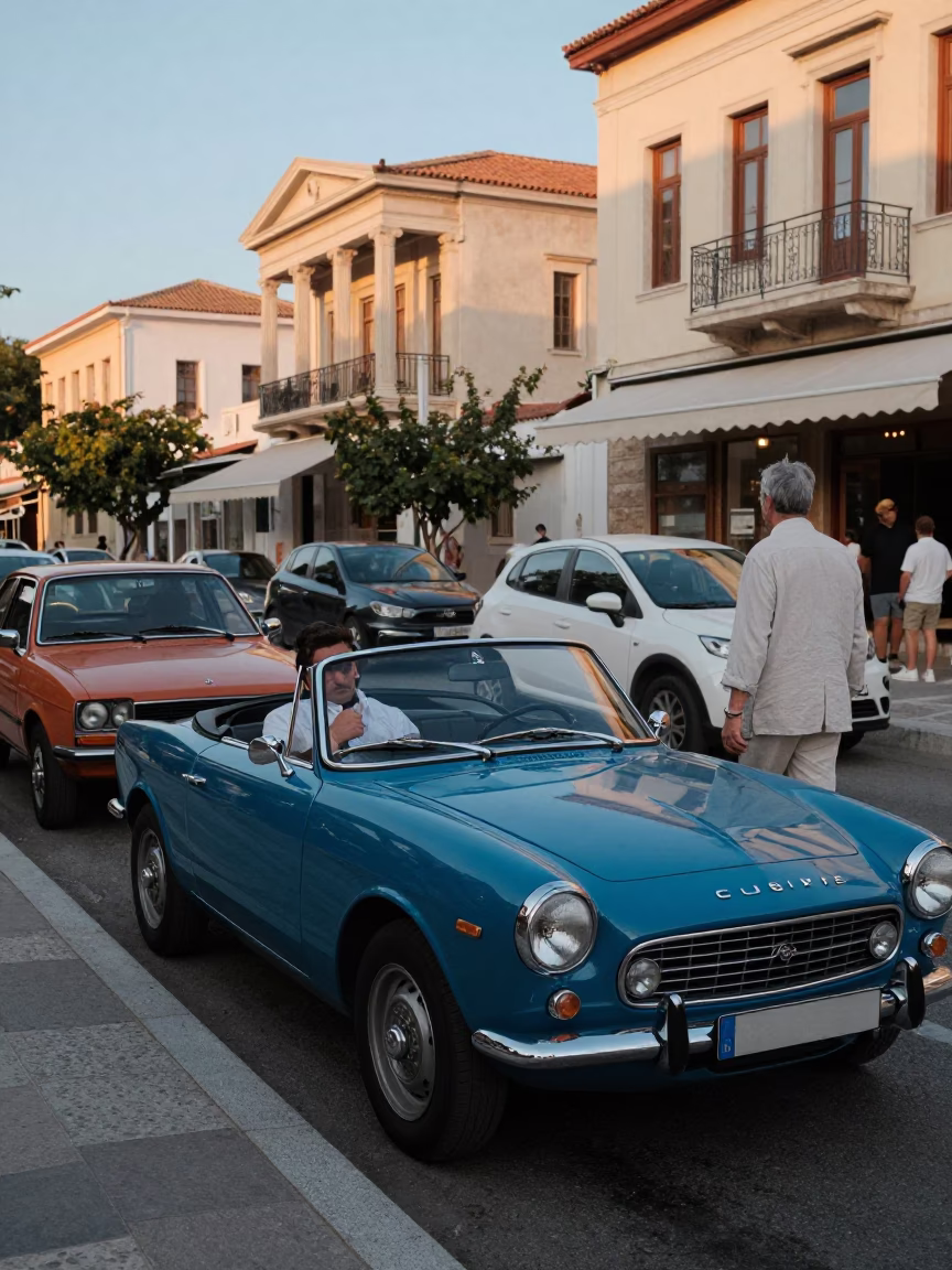 Early Evening Street Scene in Athens Greece with Vintage Cars and Local Life in in Athens, Greece