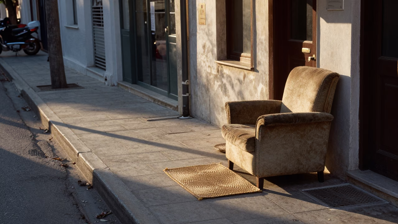 Early Evening Street Scene in Athens Greece with Woven Mats and Armchair Outside Building in in Athens, Greece