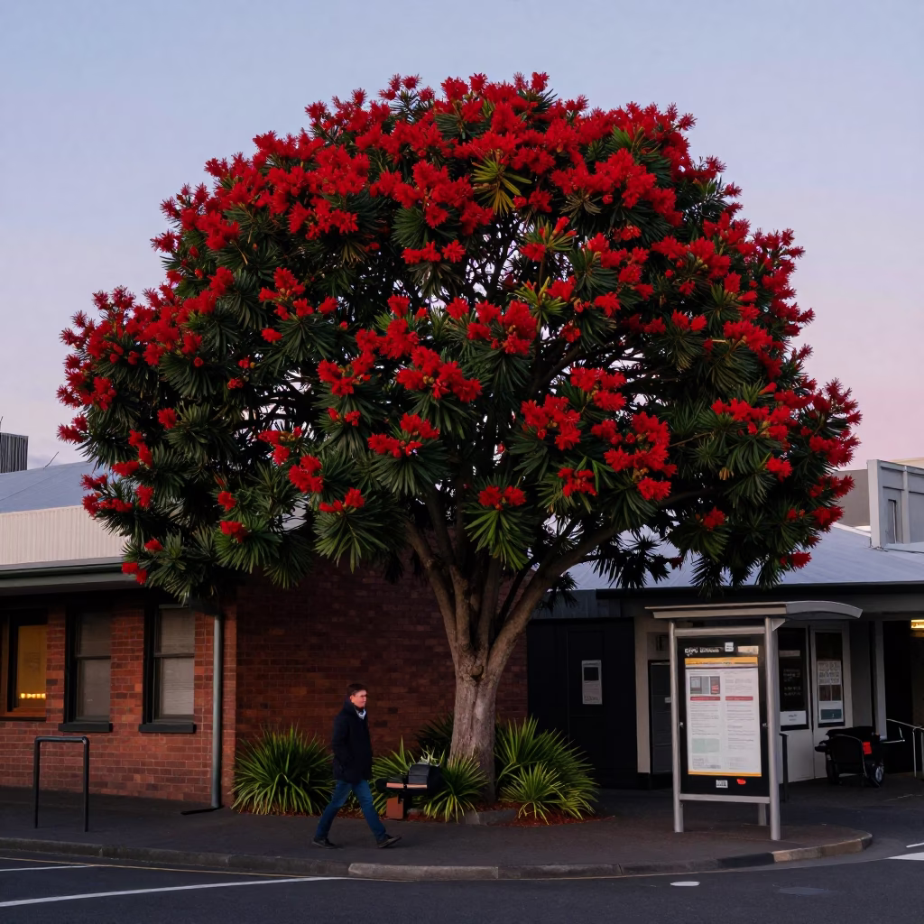 Early Evening Street Scene in Auckland New Zealand with Local Flora and Urban Life in in Auckland, New Zealand