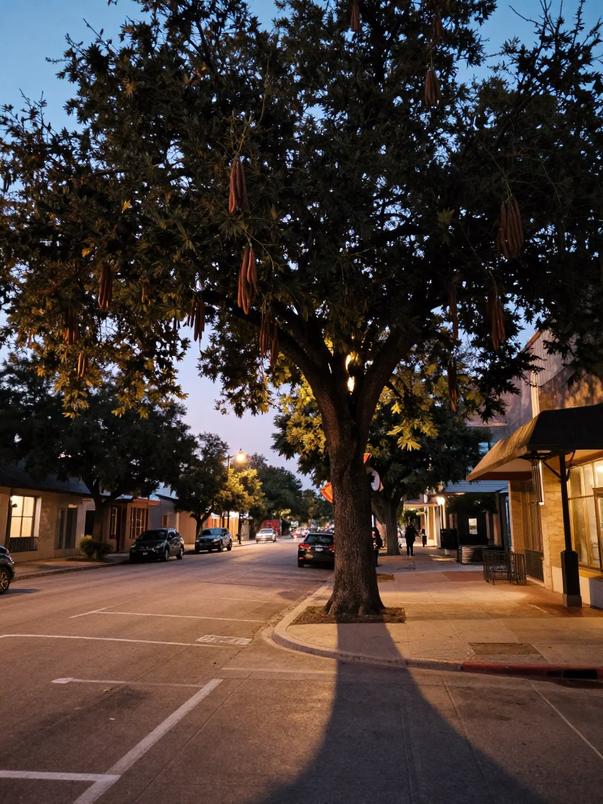 Early Evening Street Scene in Austin Texas With Tamarind Tree and Local Activity in in Austin, Texas, United States
