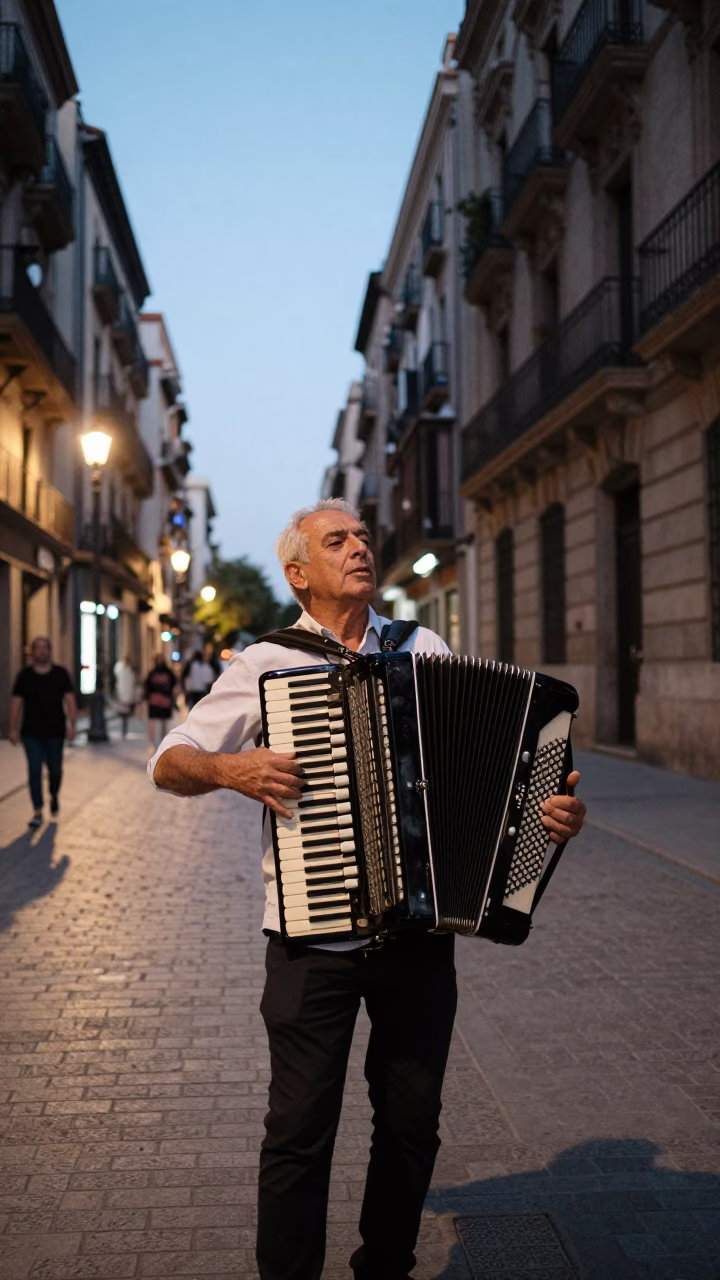 Early Evening Street Scene in Barcelona Spain with Accordion Player and Grapes in in Barcelona, Spain