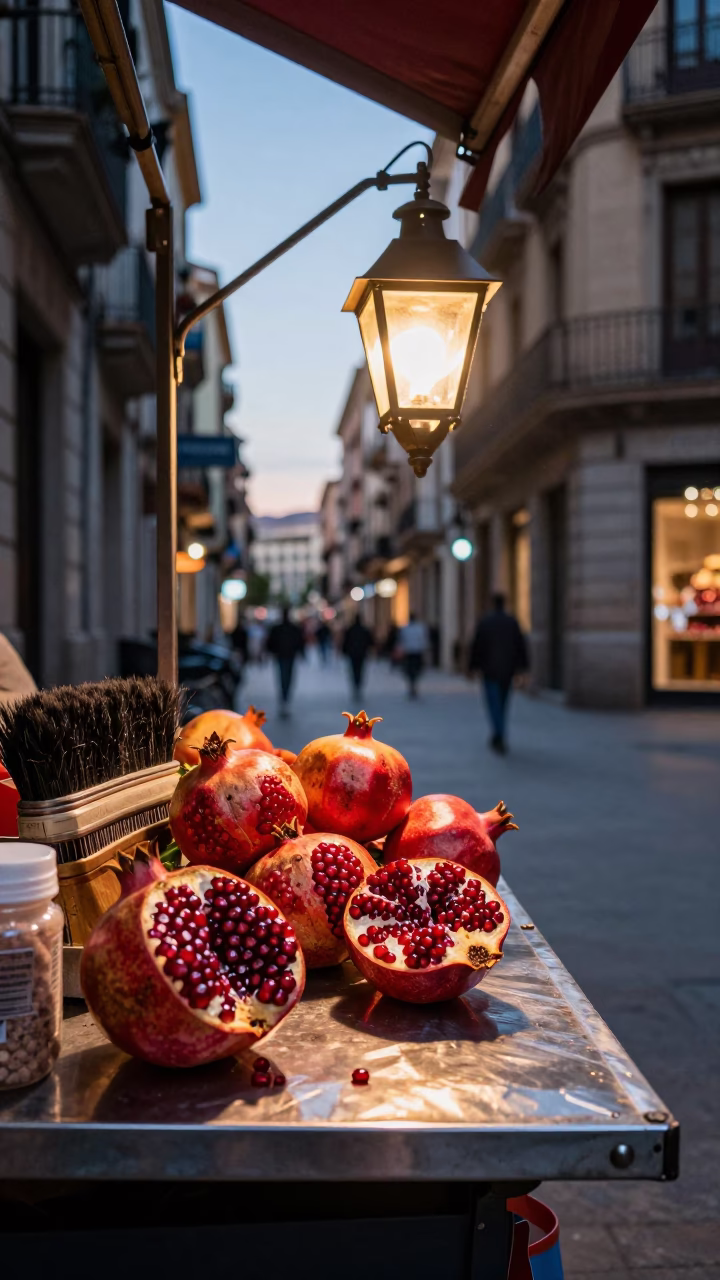 Early Evening Street Scene in Barcelona Spain with Pomegranate and Brushed Steel Elements in in Barcelona, Spain