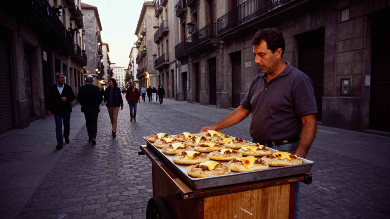 Early Evening Street Scene in Barcelona with Tray of Arepas and Clipboard in in Barcelona, Spain