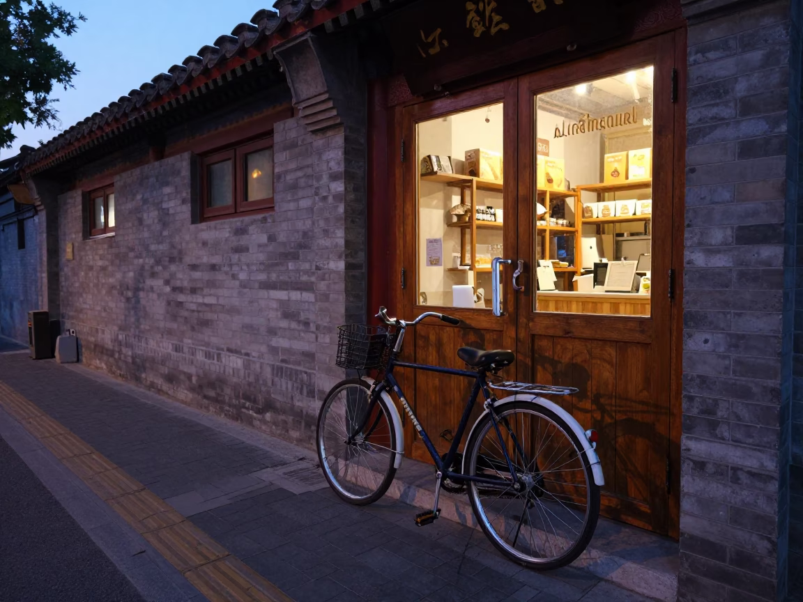 Early Evening Street Scene in Beijing China with Bicycle and Bakery in in Beijing, China