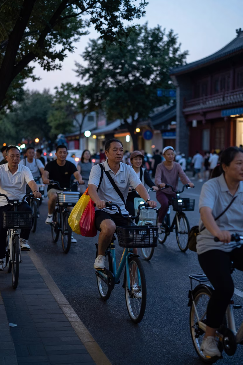 Early Evening Street Scene in Beijing China with Bicycle and Pedestrians in in Beijing, China