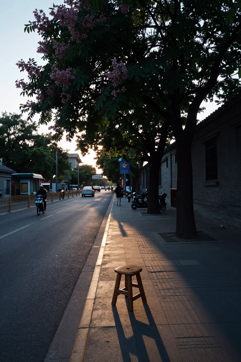 Early Evening Street Scene in Beijing China with Chestnut Tree and Lampshade in in Beijing, China