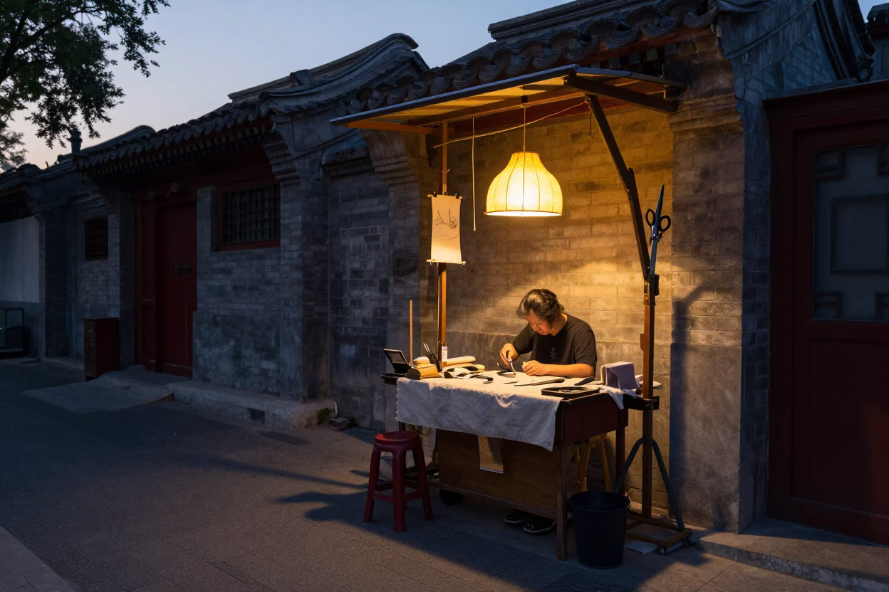 Early evening street scene in Beijing China with tailor shears and traditional lampshade in in Beijing, China