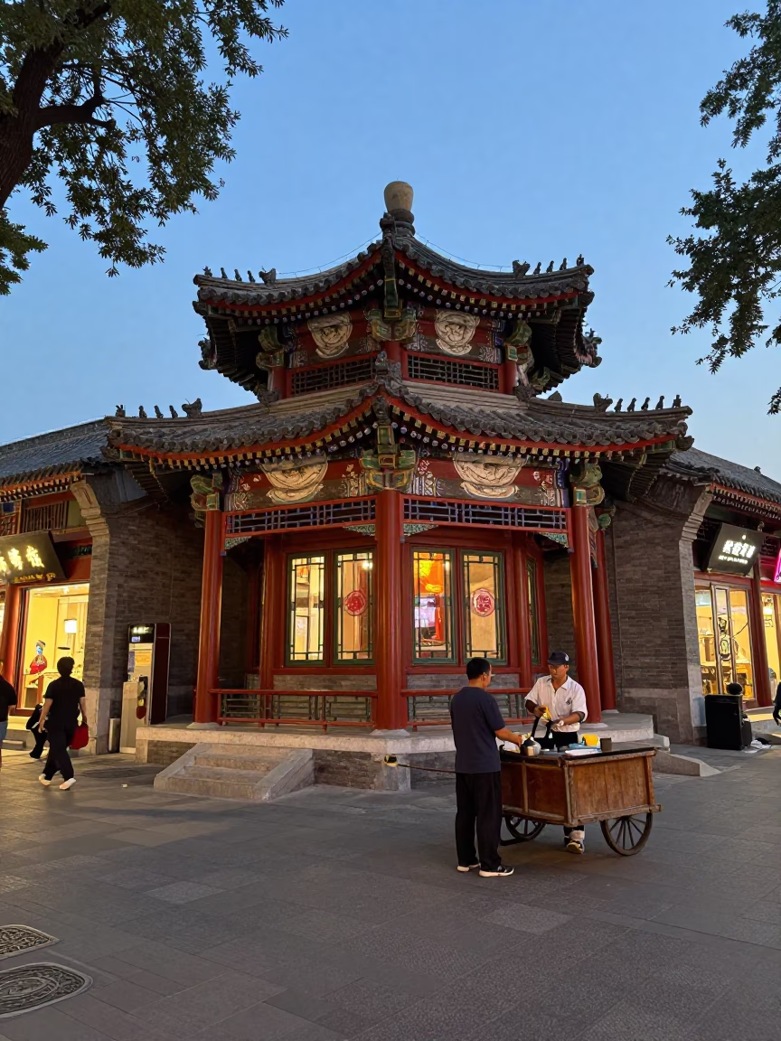 Early Evening Street Scene in Beijing China with Traditional Architecture and Local Life in in Beijing, China
