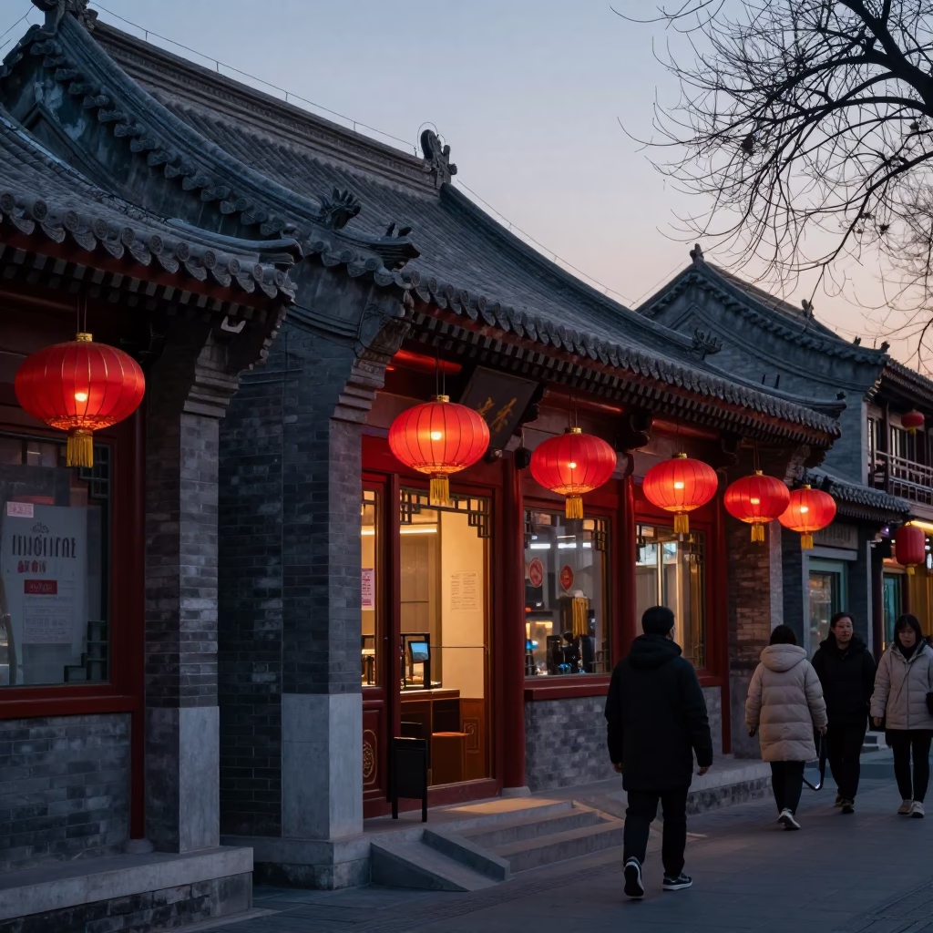 Early Evening Street Scene in Beijing China with Traditional Red Lanterns and Busy Traffic in in Beijing, China
