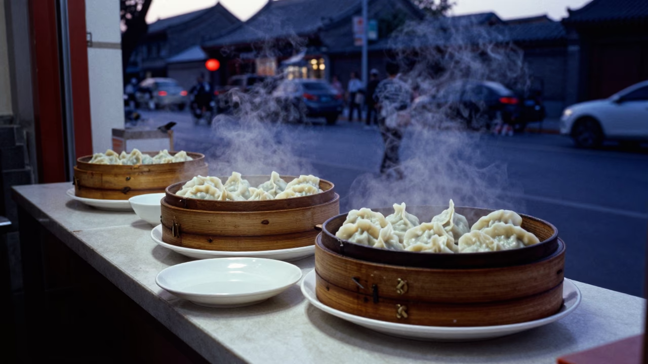 Early Evening Street Scene in Beijing with Blue and White Porcelain Plate in in Beijing, China