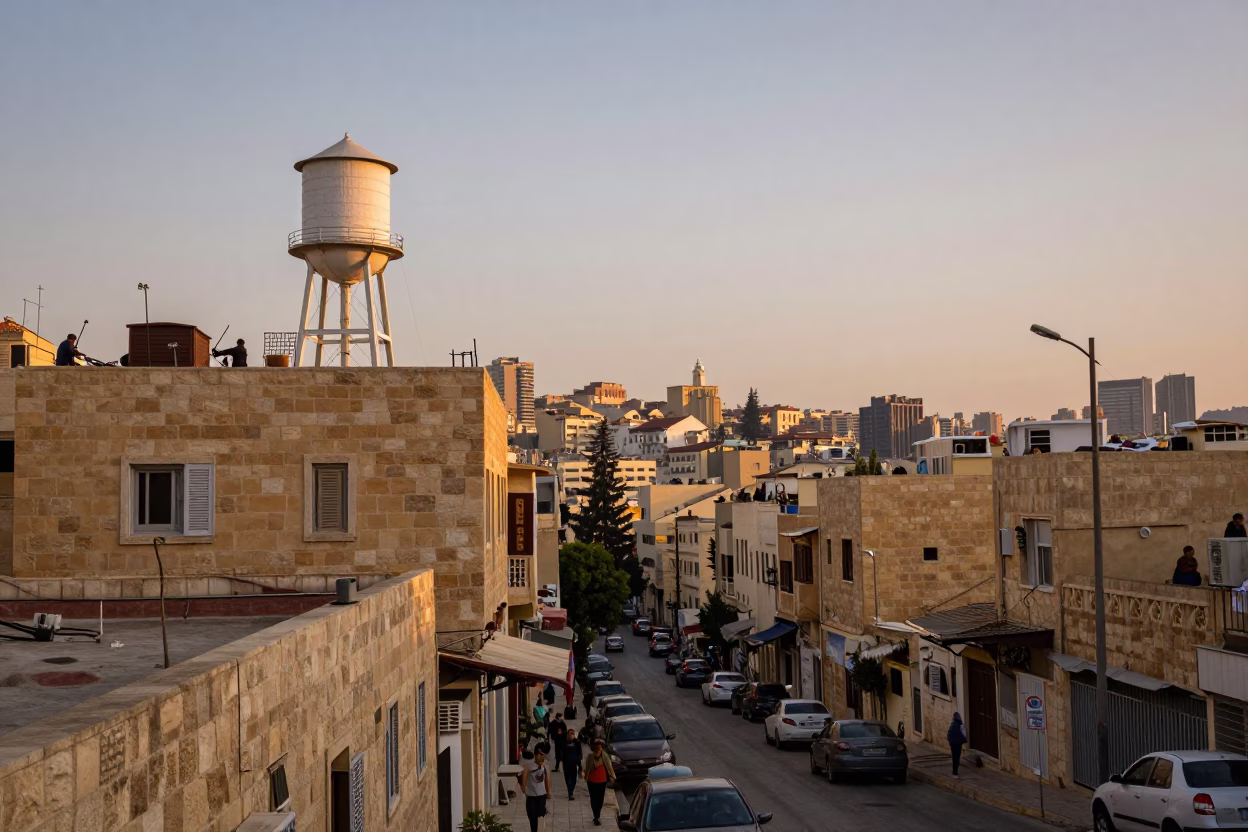 Early Evening Street Scene in Beirut Lebanon with Rooftop Water Tower and Local Life in in Beirut, Lebanon