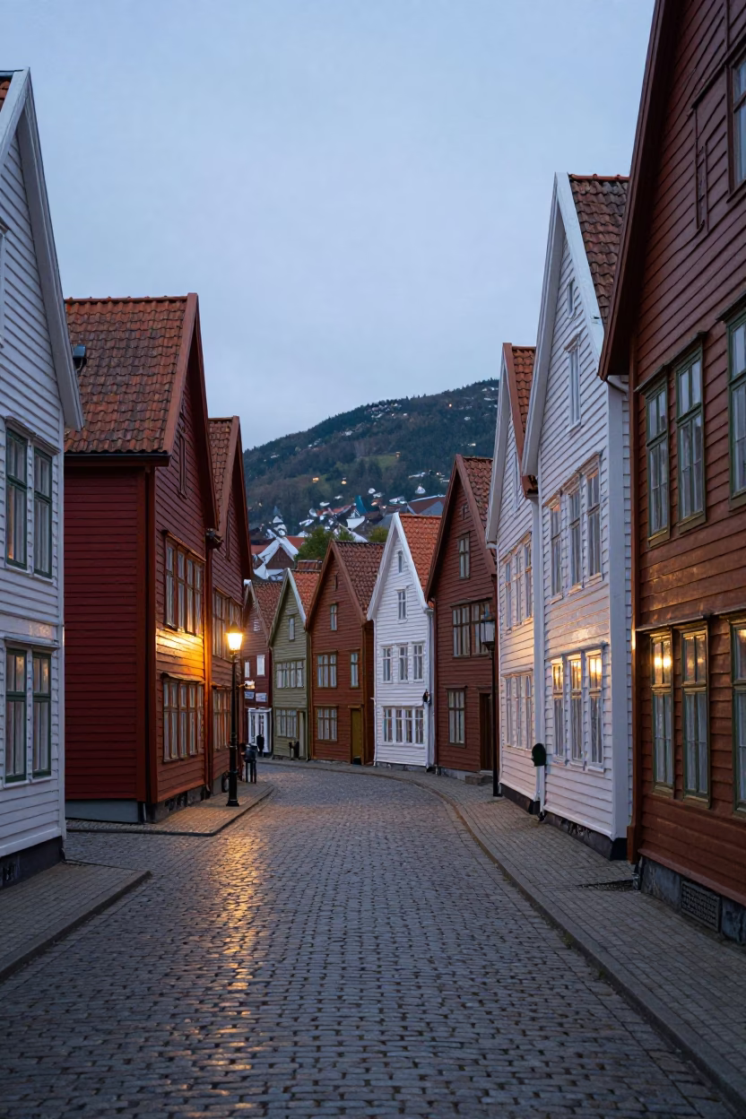 Early Evening Street Scene in Bergen Norway with Colorful Houses and Local Life in in Bergen, Norway