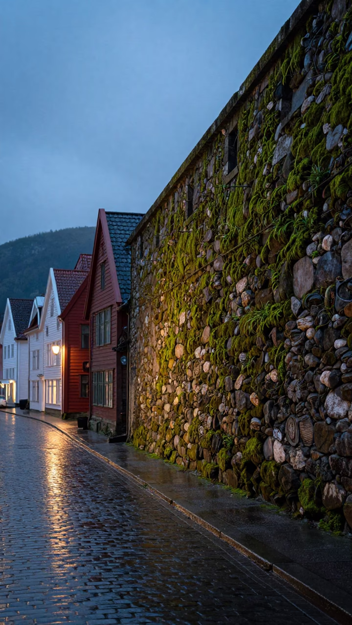 Early Evening Street Scene in Bergen Norway with Mossy Stone Wall and Clematis Vine in in Bergen, Norway