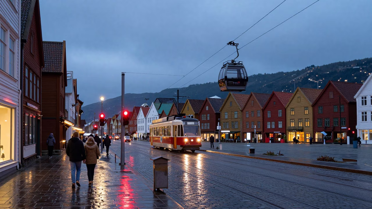 Early Evening Street Scene in Bergen Norway with Red Light and Urban Details in in Bergen, Norway