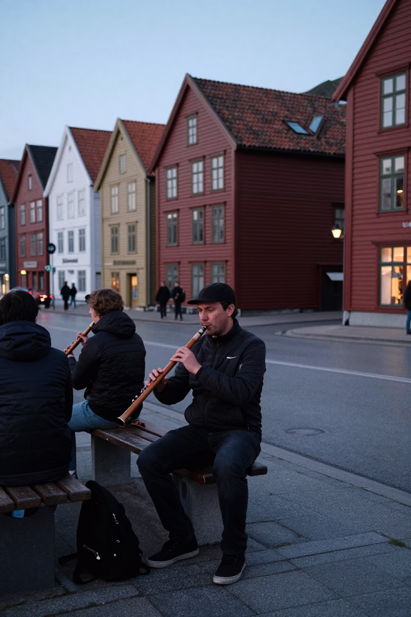 Early Evening Street Scene in Bergen Norway with Wooden Flute and Brushed Steel Chair in in Bergen, Norway