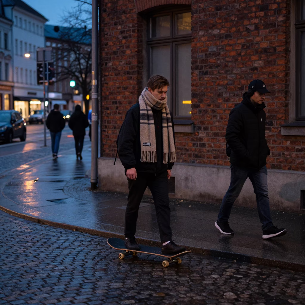 Early Evening Street Scene in Berlin Germany with Skateboard and Scarf in in Berlin, Germany