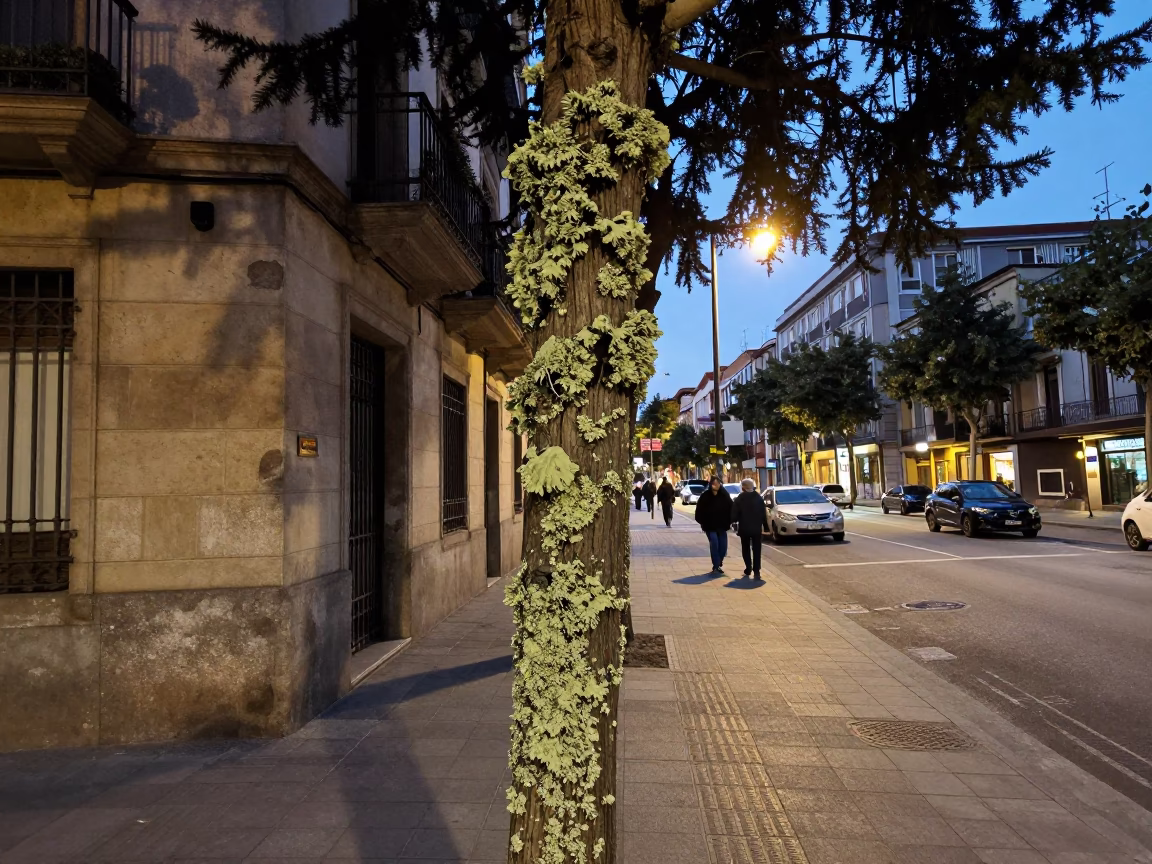 Early Evening Street Scene in Bilbao Spain with Lichen and Urban Infrastructure in in Bilbao, Spain