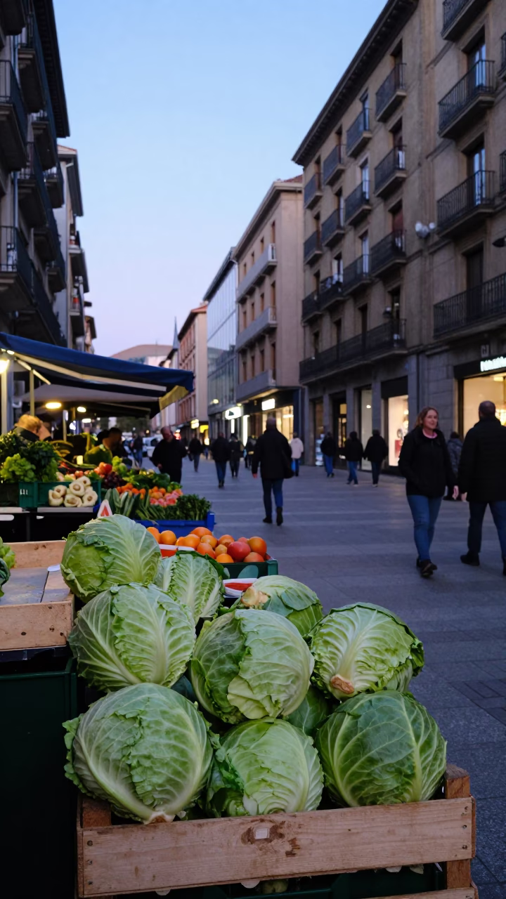 Early Evening Street Scene in Bilbao Spain with Local Market Produce and Urban Details in in Bilbao, Spain
