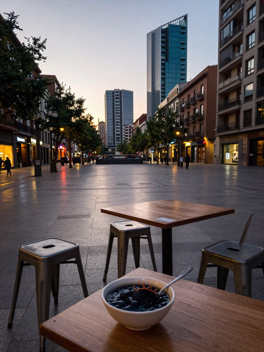 Early Evening Street Scene in Bilbao Spain with Metal Stools and Local Dining in in Bilbao, Spain