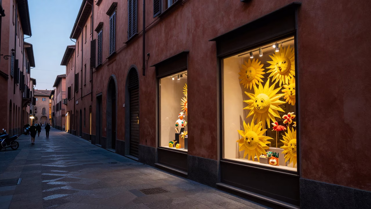 Early Evening Street Scene in Bologna Italy with Colorful Window Display and Local Life in in Bologna, Italy