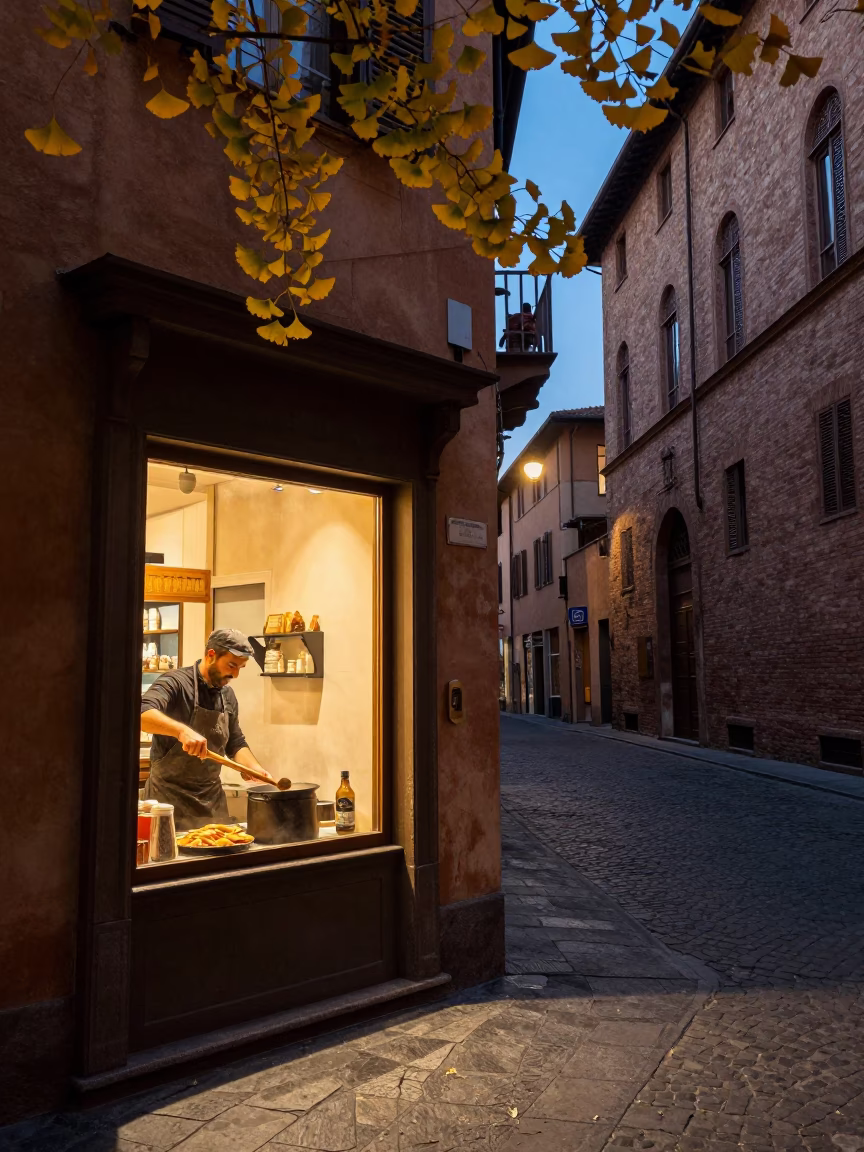 Early Evening Street Scene in Bologna Italy with Ginkgo Leaves and Ladle in in Bologna, Italy