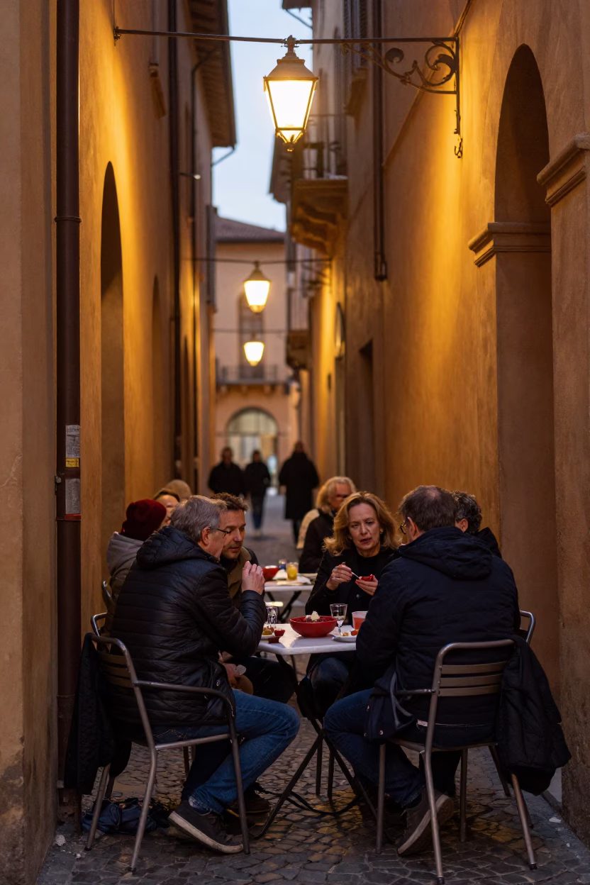 Early Evening Street Scene in Bologna Italy with Lanterns and Local Dining in in Bologna, Italy