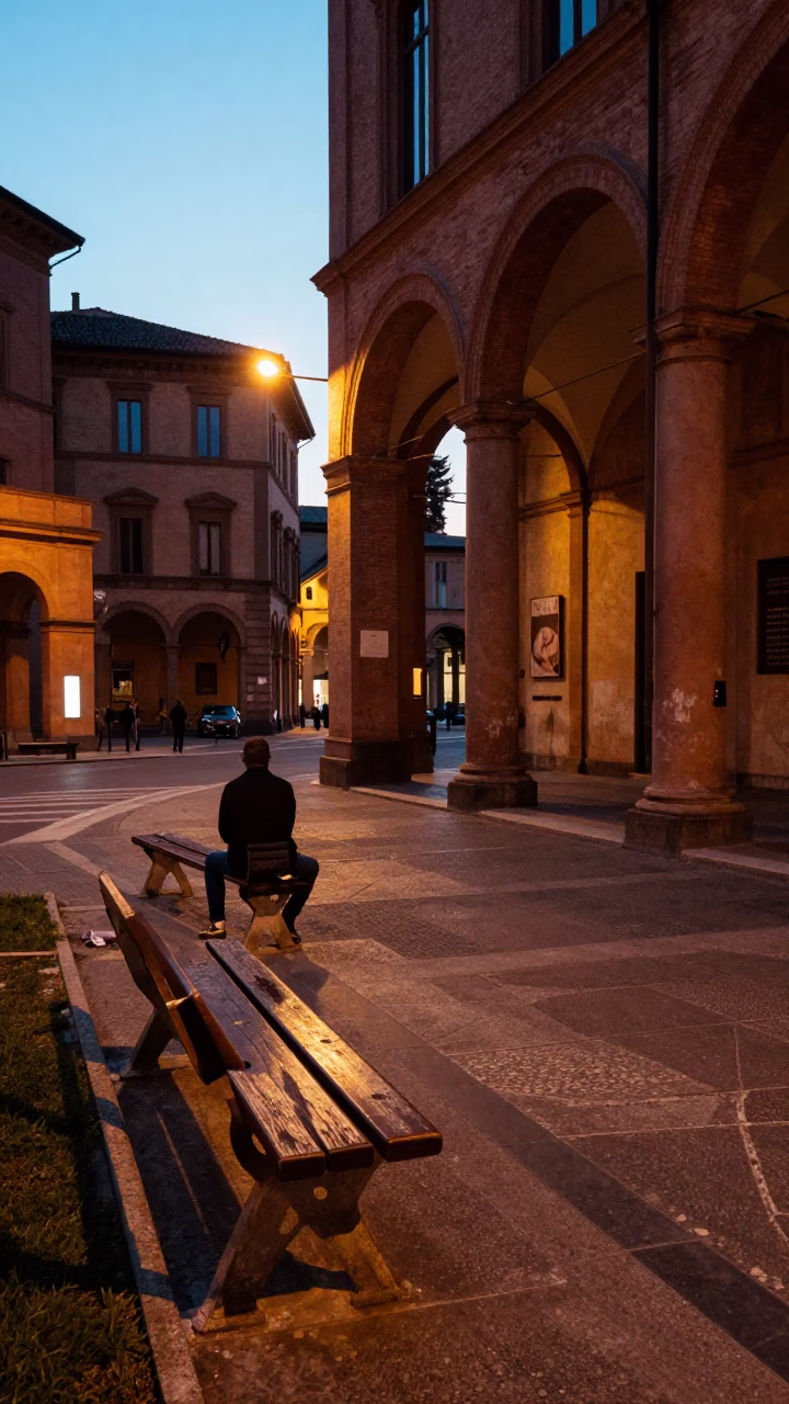 Early Evening Street Scene in Bologna Italy with Park Bench and Jar in in Bologna, Italy