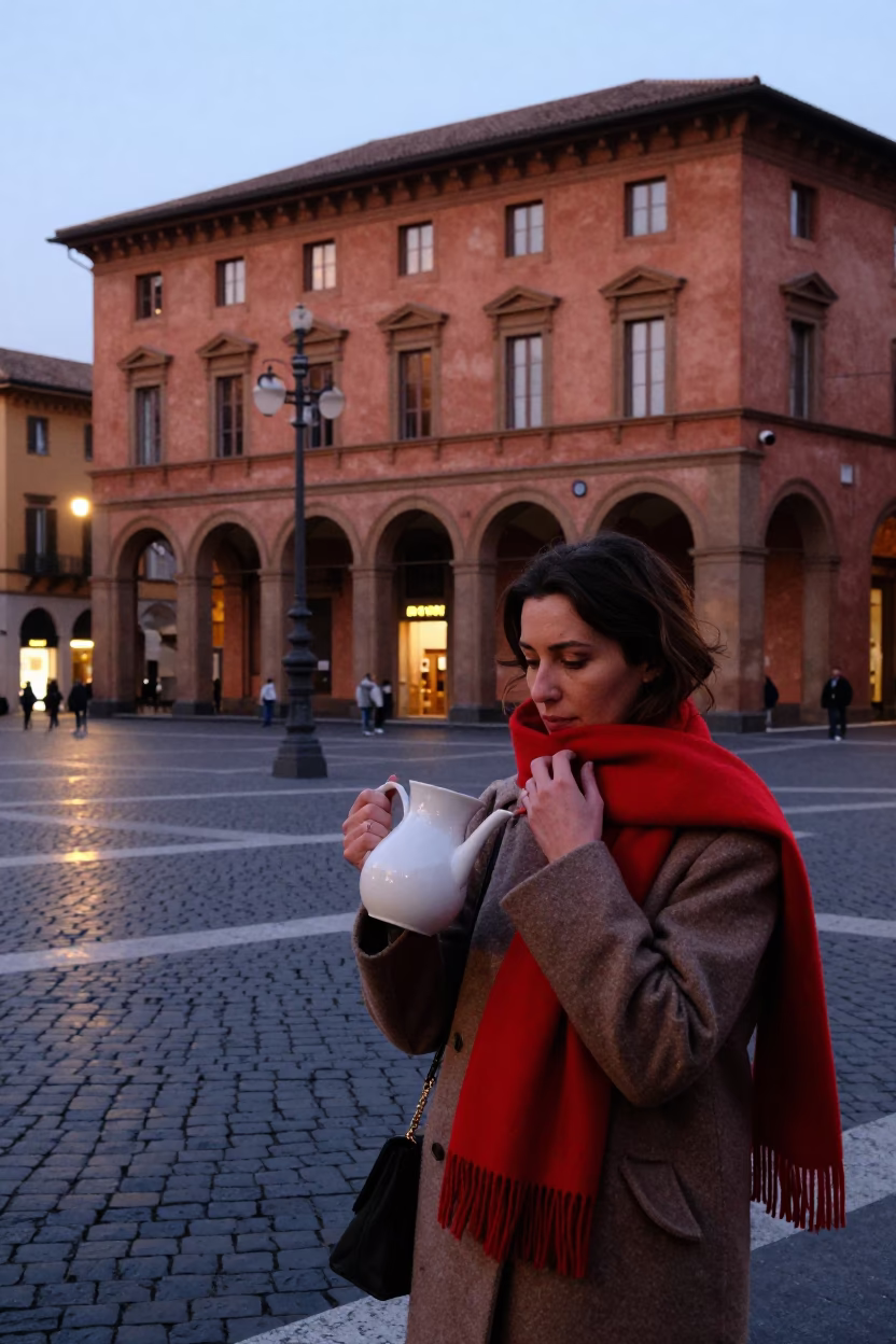Early Evening Street Scene in Bologna Italy with Scarf and Pitcher in in Bologna, Italy