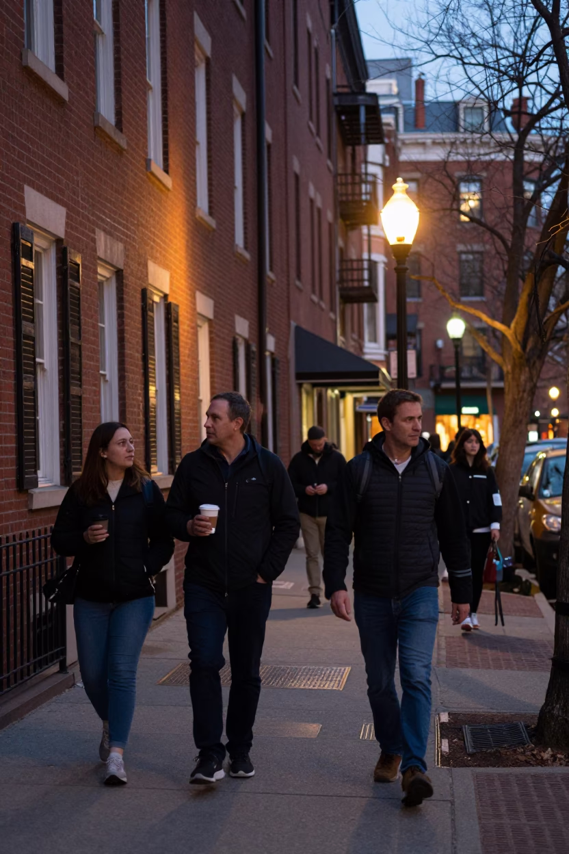 Early Evening Street Scene in Boston Massachusetts with Coffee Cup and Umbrella in in Boston, Massachusetts, United States