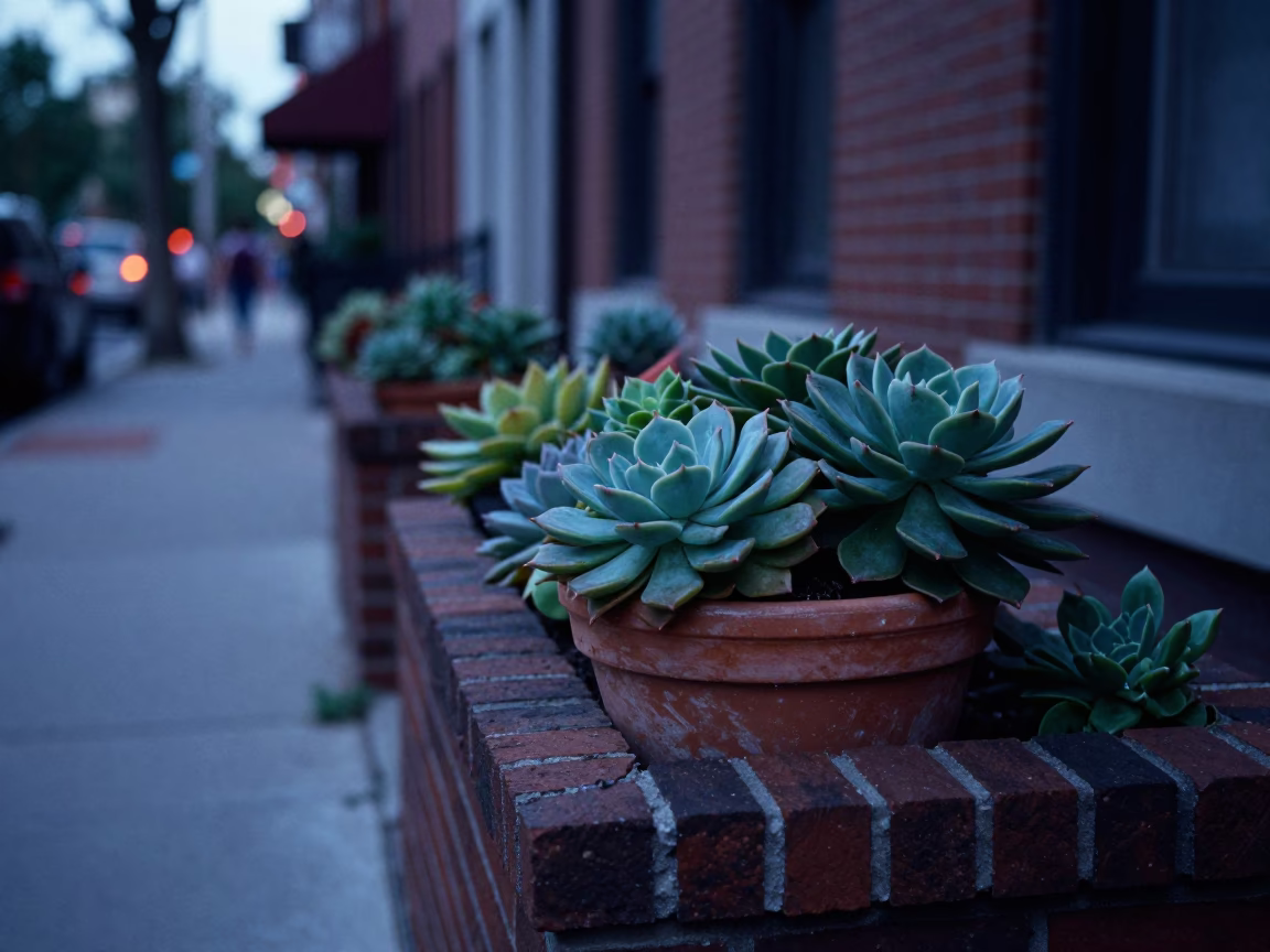 Early Evening Street Scene in Boston Massachusetts with Potted Succulents and Urban Details in in Boston, Massachusetts, United States