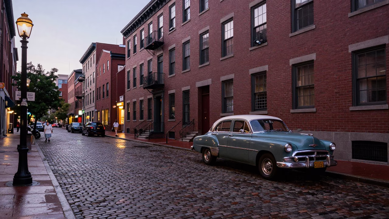 Early Evening Street Scene in Boston Massachusetts with Vintage 1950s Architecture and Local Life in in Boston, Massachusetts, United States