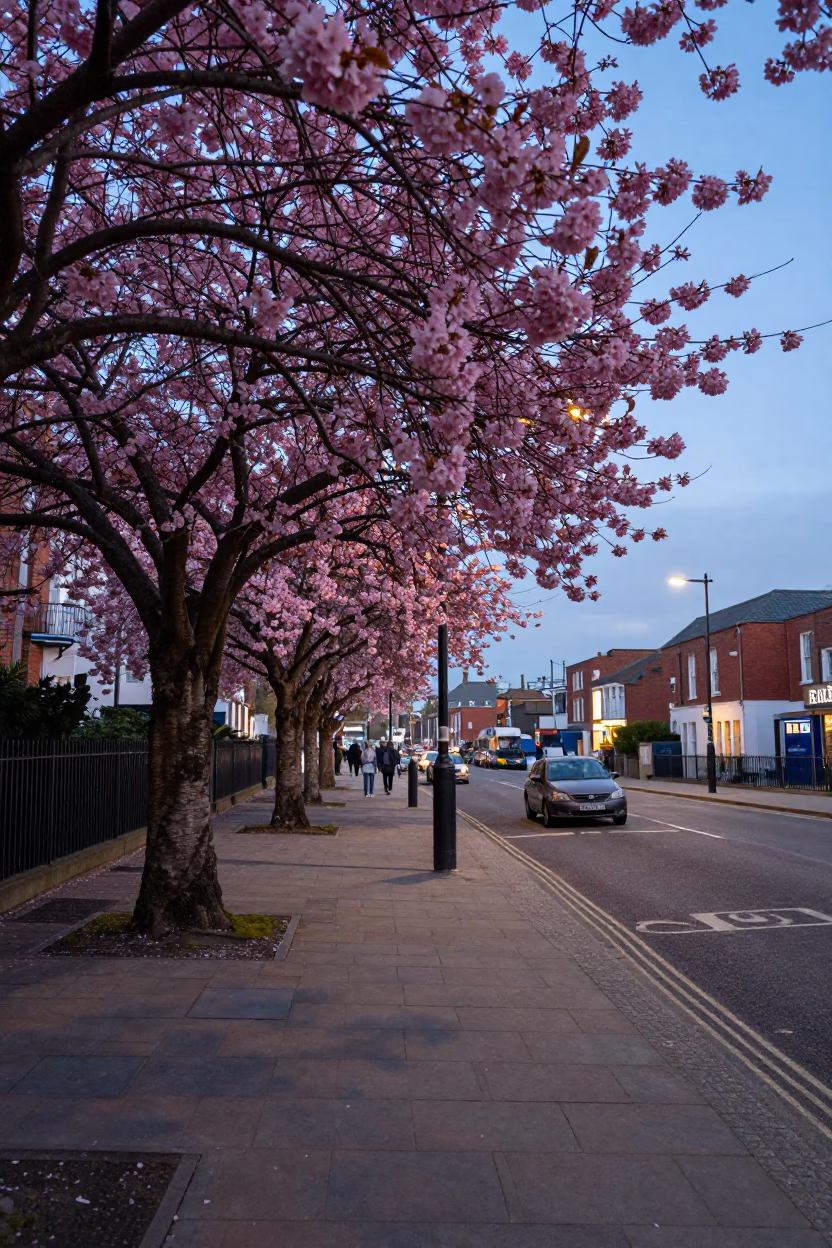 Early Evening Street Scene in Bristol UK with Cherry Trees and Urban Canal Reflections in in Bristol, United Kingdom