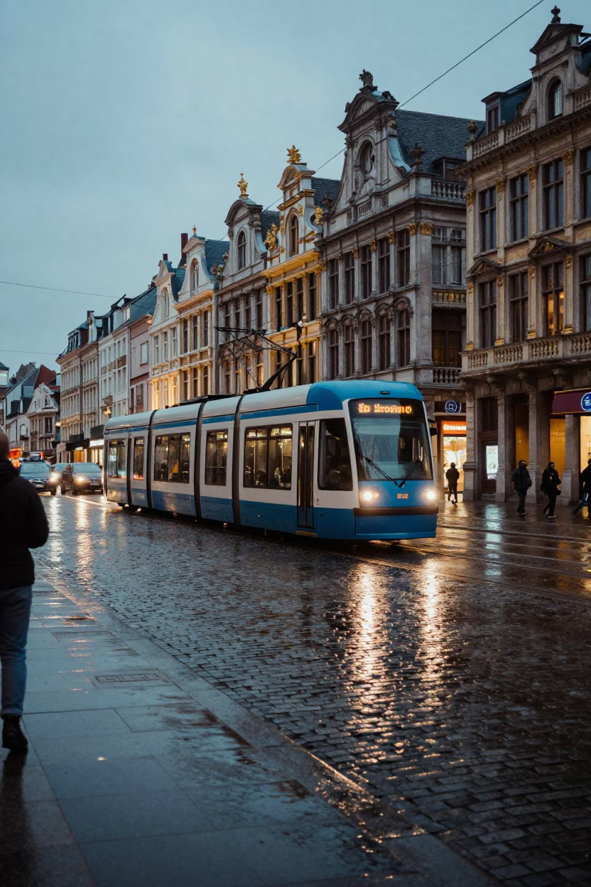 Early Evening Street Scene in Brussels Belgium with Tram and Urban Architecture in in Brussels, Belgium