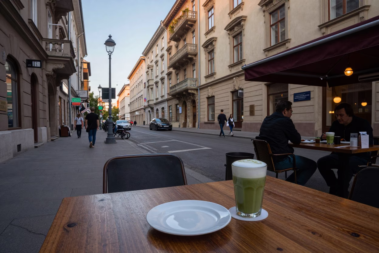 Early Evening Street Scene in Budapest Hungary with Local Dining Details in in Budapest, Hungary