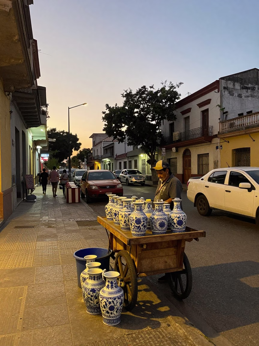 Early Evening Street Scene in Buenos Aires Argentina with Porcelain Jars in in Buenos Aires, Argentina
