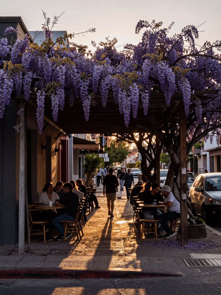 Early Evening Street Scene in Buenos Aires Argentina with Wisteria and Local Dining in in Buenos Aires, Argentina