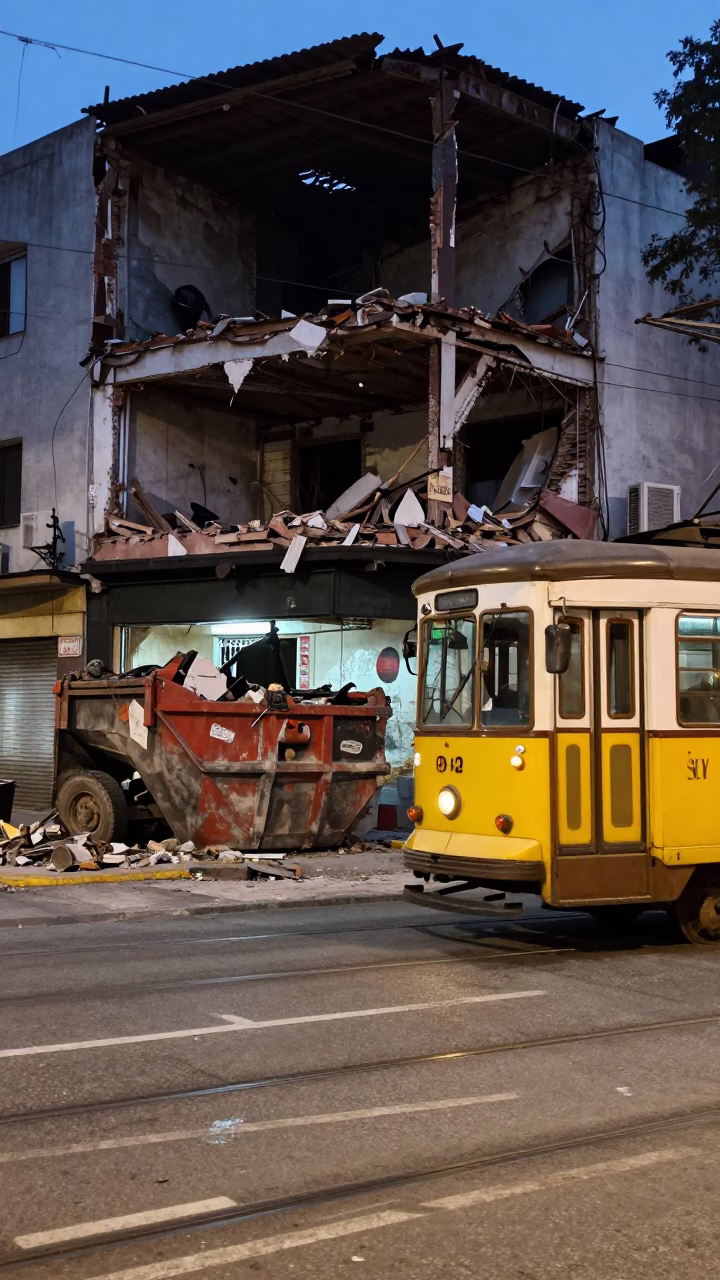 Early Evening Street Scene in Buenos Aires with Tram and Demolition Dumpster in in Buenos Aires, Argentina