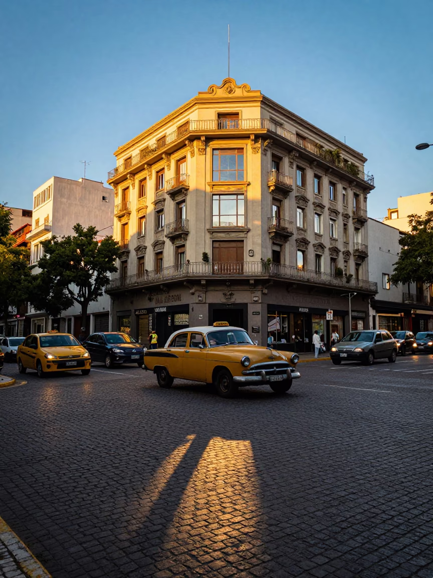Early Evening Street Scene in Buenos Aires with Window Light Reflections in in Buenos Aires, Argentina