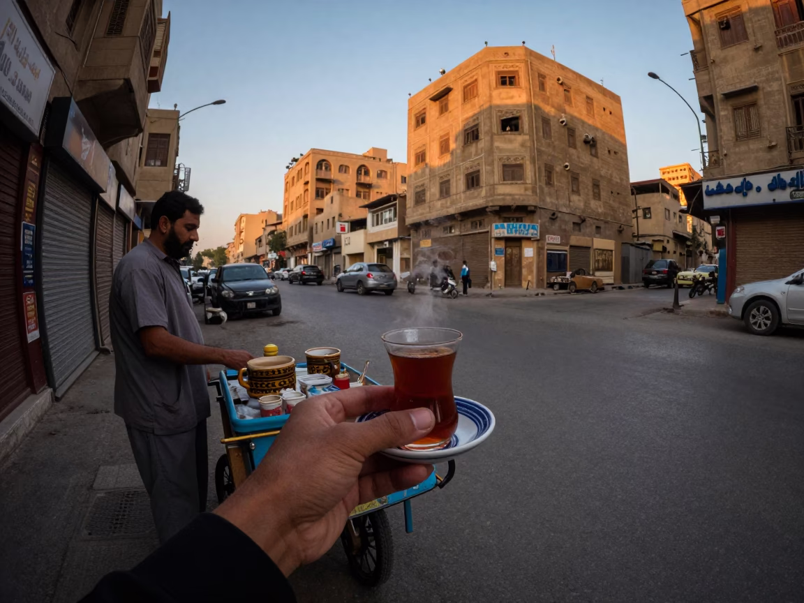 Early Evening Street Scene in Cairo Egypt with Ceramic Cup and Thermos in in Cairo, Egypt