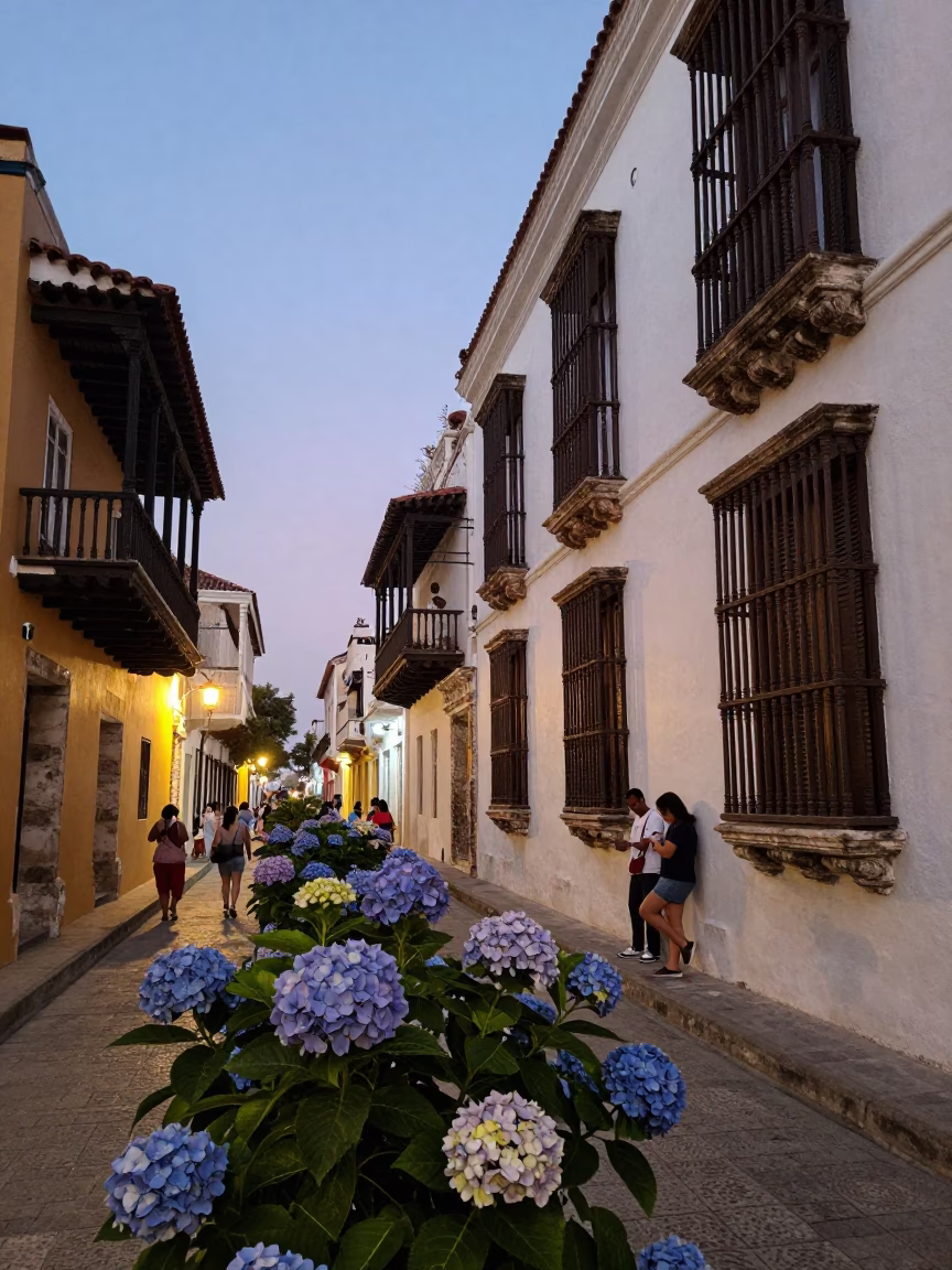 Early Evening Street Scene in Cartagena Colombia with Hydrangeas and Night Light in in Cartagena, Colombia